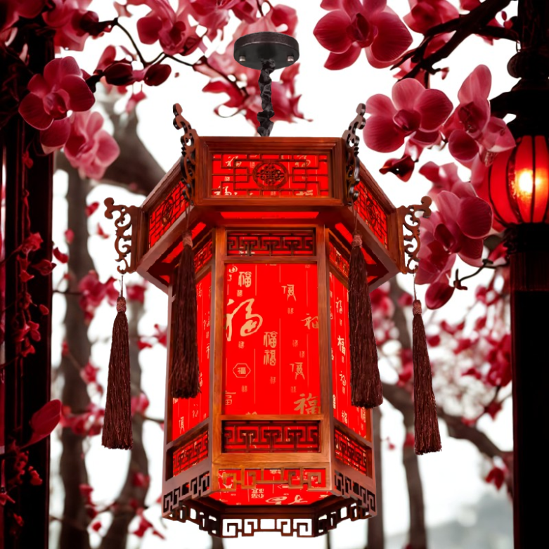 Luminária pendente de lanterna de madeira vermelha estilo chinês, abajur retrô