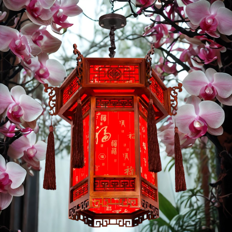 Luminária pendente de lanterna de madeira vermelha estilo chinês, abajur retrô