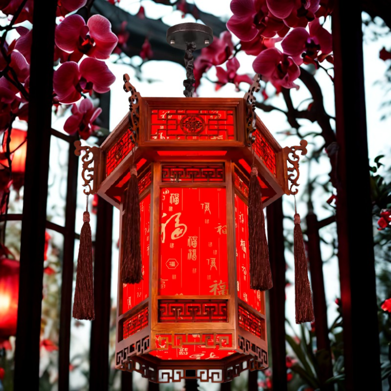 Luminária pendente de lanterna de madeira vermelha estilo chinês, abajur retrô