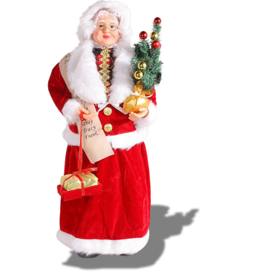 Mamãe noel em pé com roupa vermelha