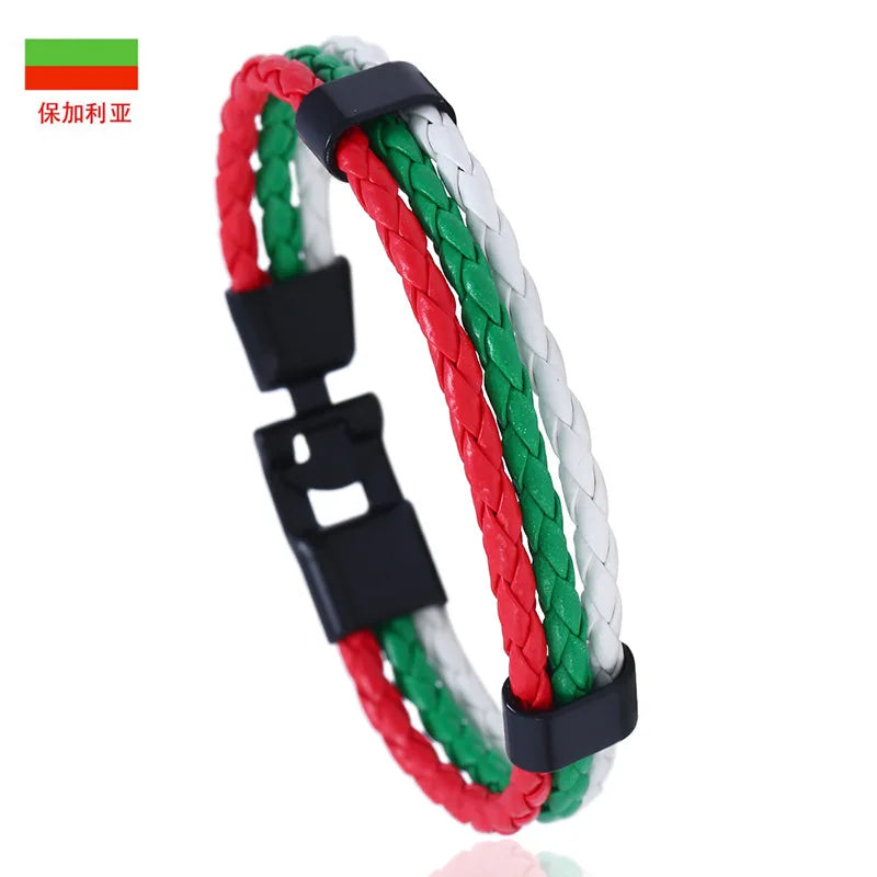 Pulseira de couro com bandeira tecida à mão multicolorido bandeira nacional PU pulseira