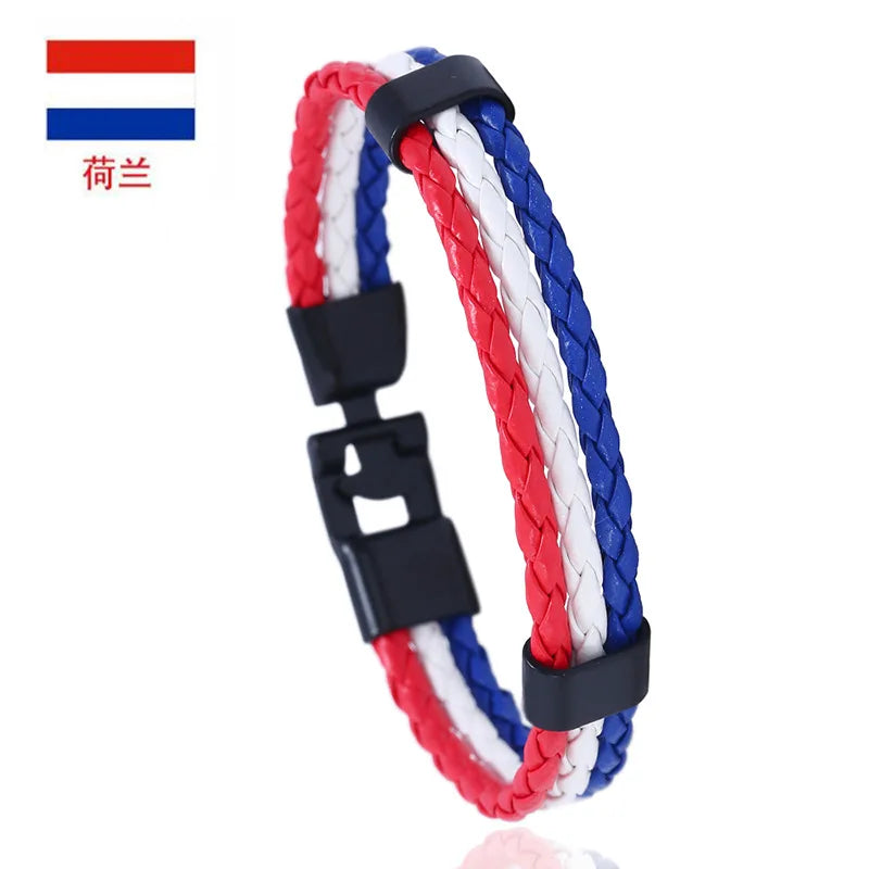 Pulseira de couro com bandeira tecida à mão multicolorido bandeira nacional PU pulseira
