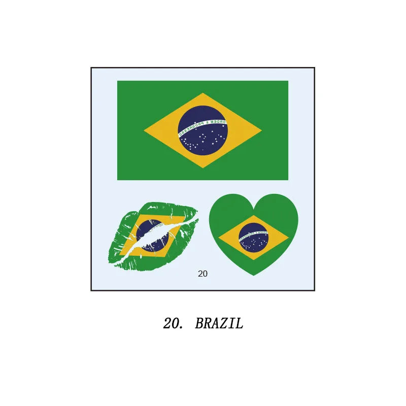 Tatuagens de bandeira do Brasil - 5 folhas de adesivos faciais temporários esportivos Copa