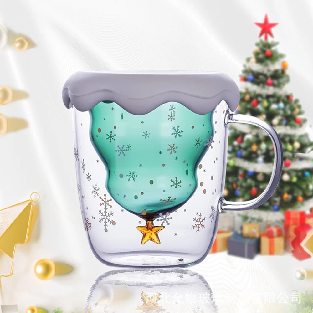 Caneca de vidro isolada de parede dupla, copo de café de Natal e copo de chá leite