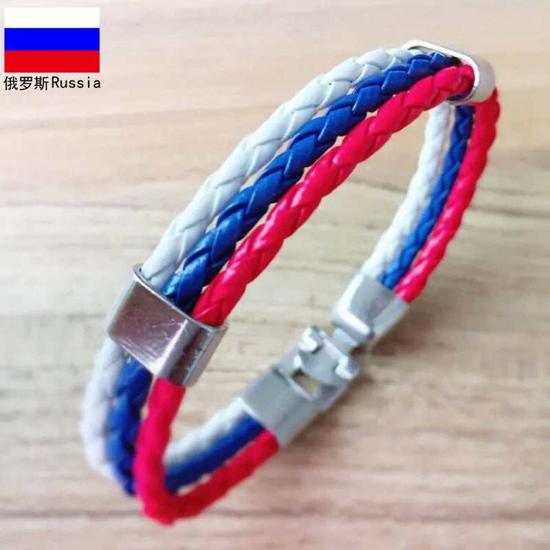 Pulseira de couro com bandeira tecida à mão multicolorido bandeira nacional PU pulseira
