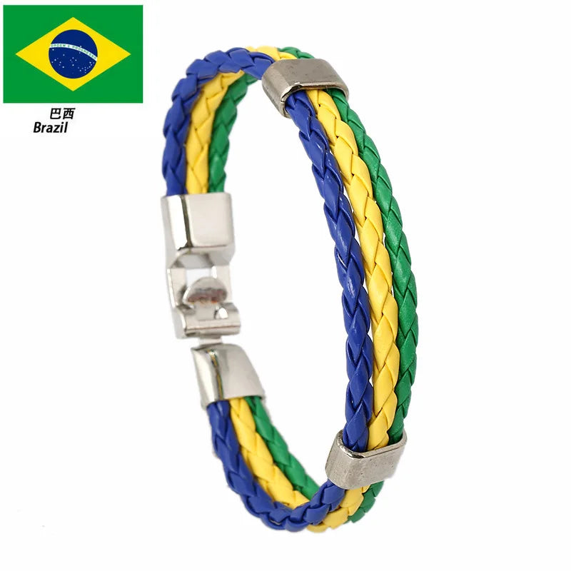 Pulseira de couro com bandeira tecida à mão multicolorido bandeira nacional PU pulseira