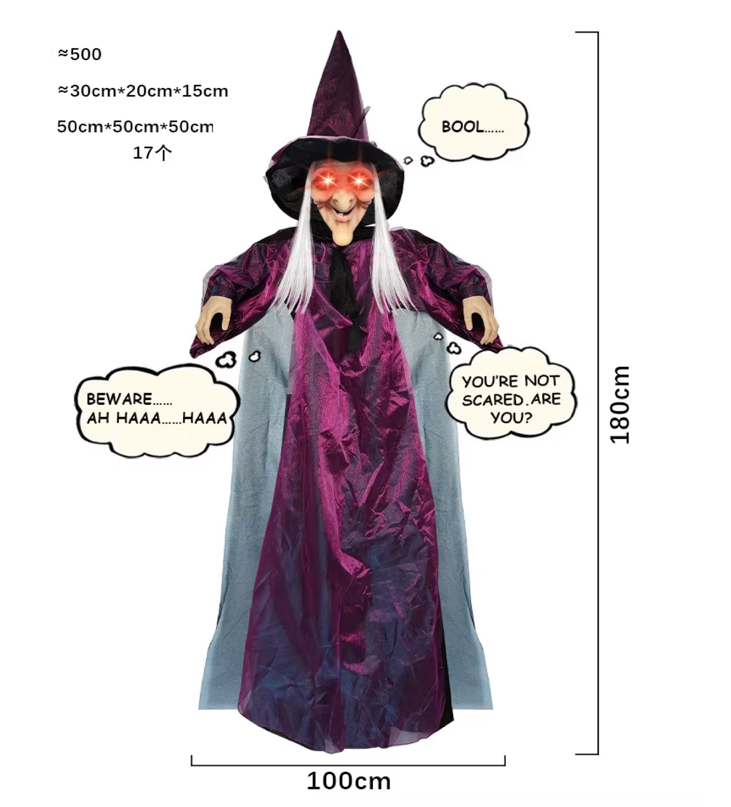 Bruxa Falante Pendurada Tamanho Real de 170cm Bruxa Halloween Vermelhos Brilhantes