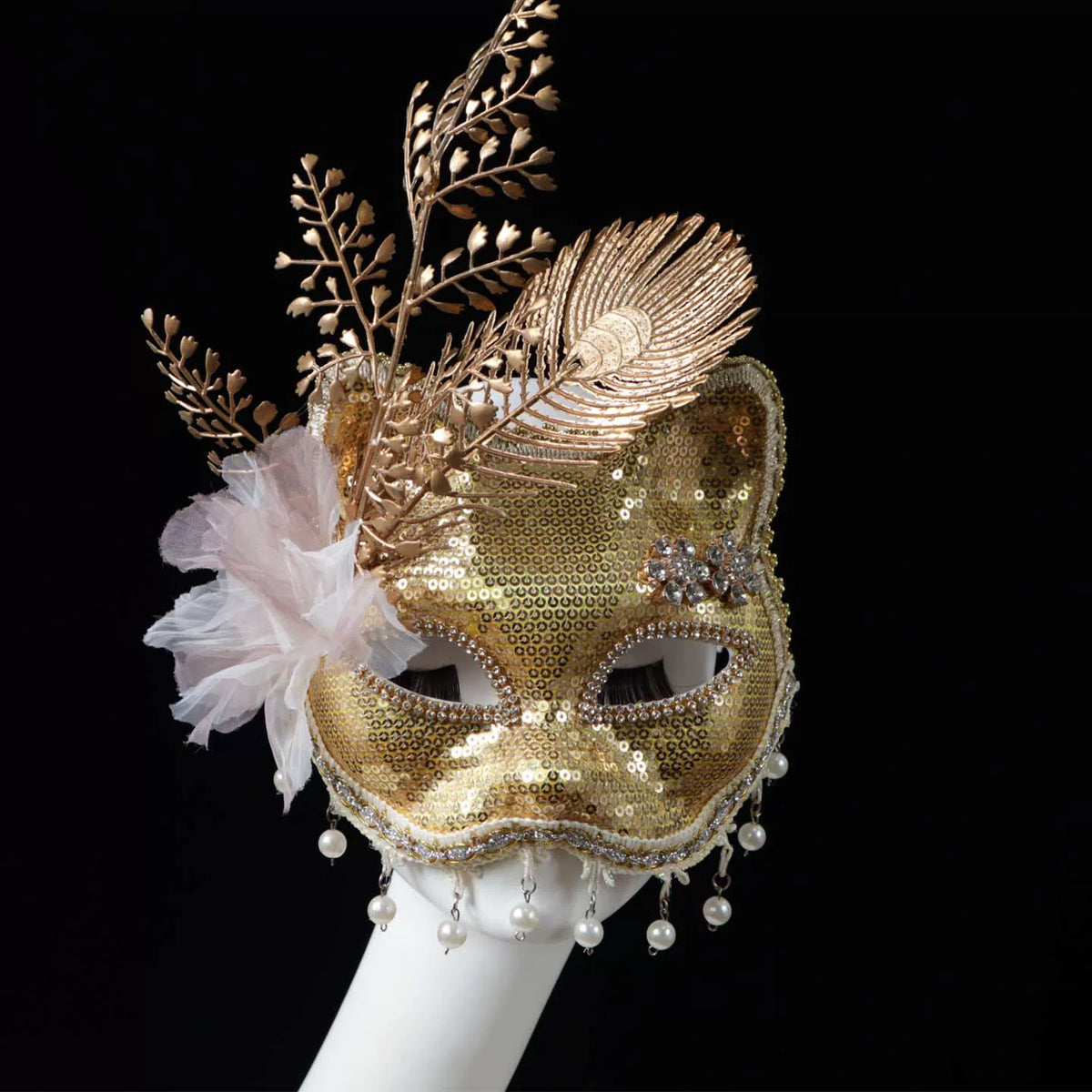 Baile de Máscaras em Formato de Gato/Raposa (Estilo Cat Mask ou Fox Cat Masquerade) Dourada e Lantejoulas
