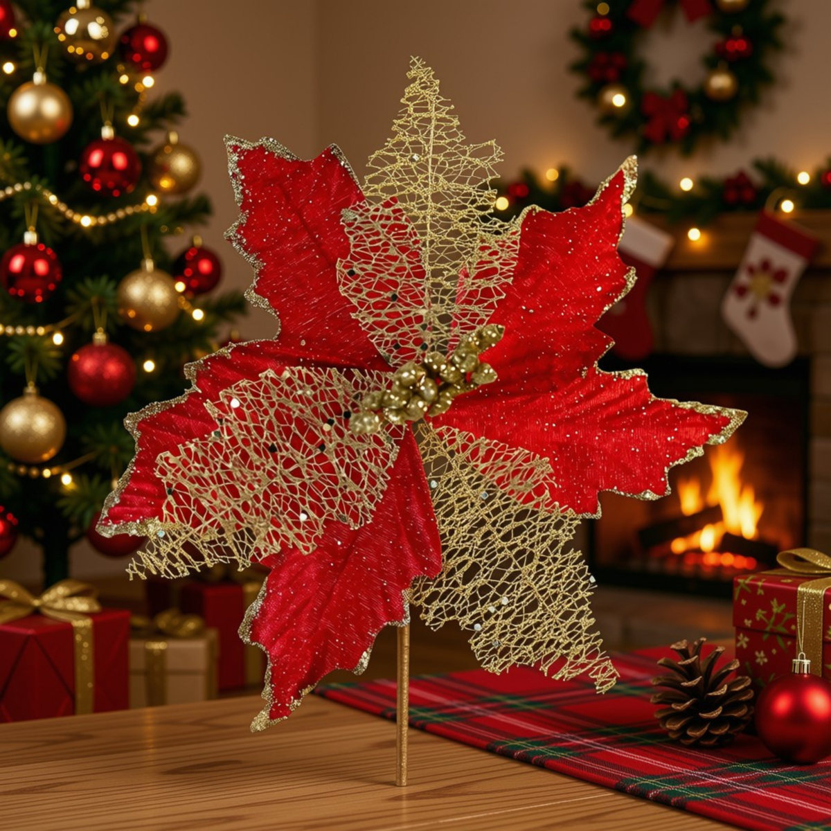 Artificial Brilho Natal Vermelho Kit 2 Flores Decoração Natal Artificial Brilho Vermelha 24cm
