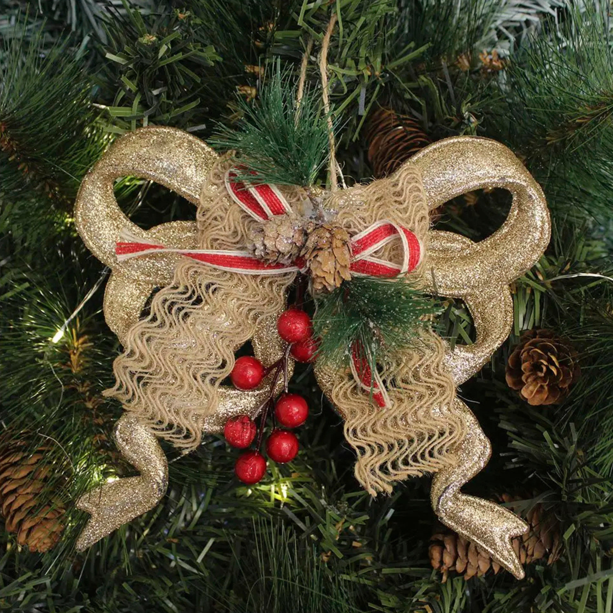 Laço Pinhais Vagas Natal Enfeite Pendente Laço Natalino Dourado com Brilho 18cm Natal