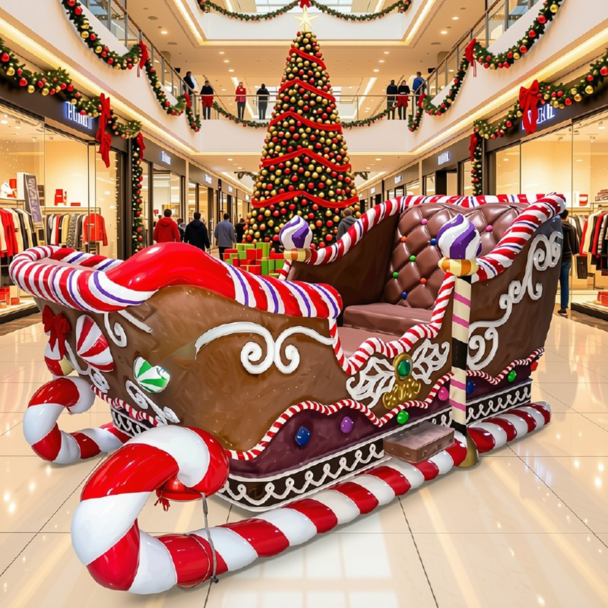 Trenó de Natal Gigante com Tema de Biscoito de Gengibre e Papai Noel Real para Shopping