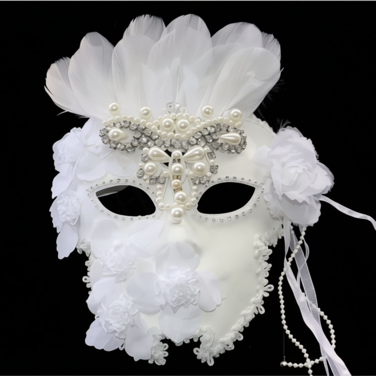 Máscara Facial Estilo Esta é uma Máscara de Baile Veneziana Preta Decorada com Strass ao Redor e Flores Preto