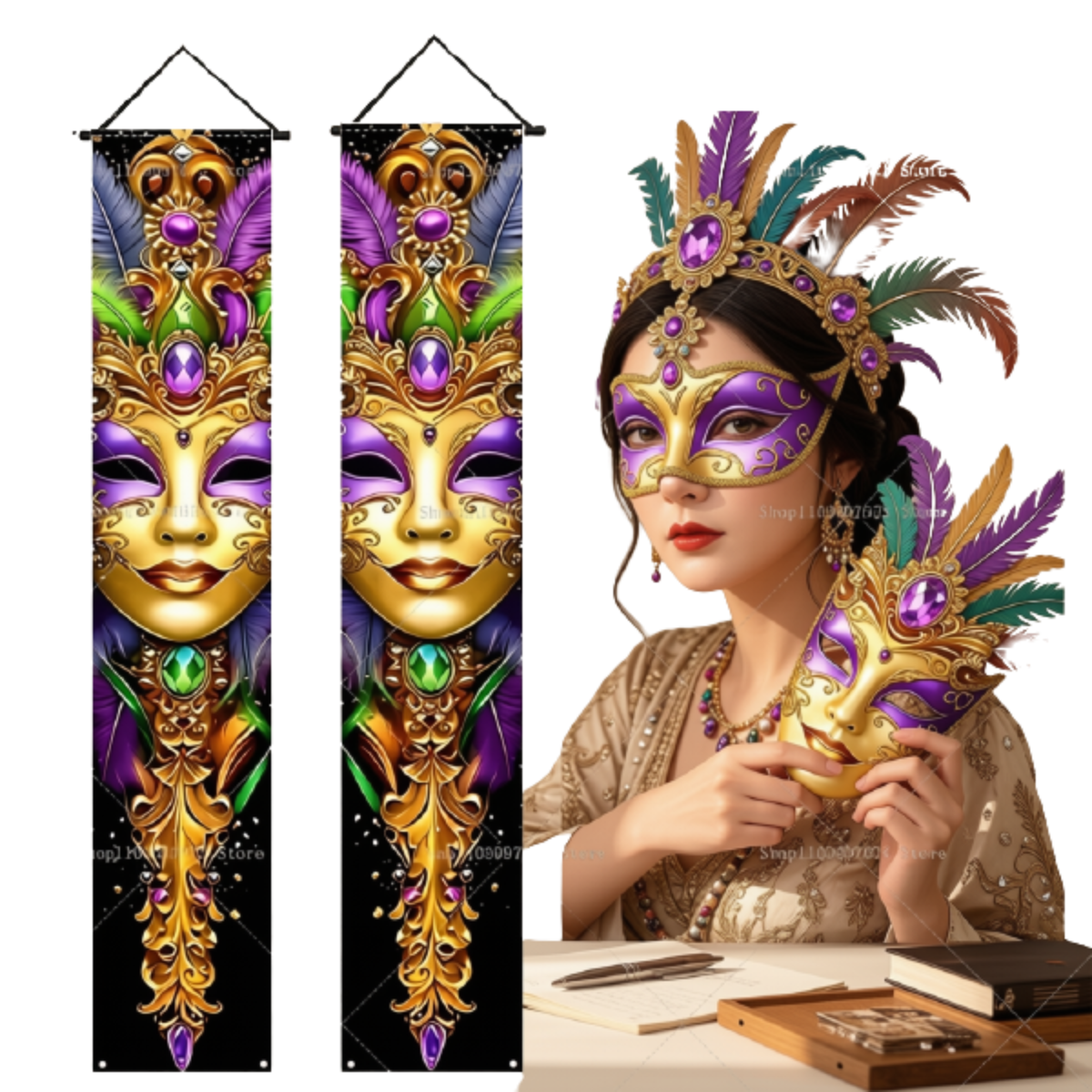 Faixas 2 Placas de Varanda para Carnaval, Placas Coloridas para Baile de Máscaras, Banners Festivos para Porta
