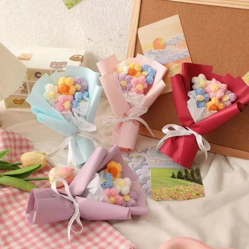 Flores buquê de flores de crochê, buquê de crochê feito à mão com margaridas e girassol