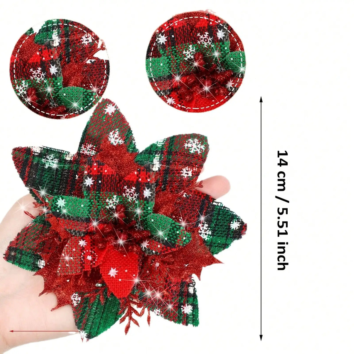Flores de Natal Poinsétia Artificiais com Estampa Xadrez 6/10 peças Tamanho: 14cm*5.51 Pol.