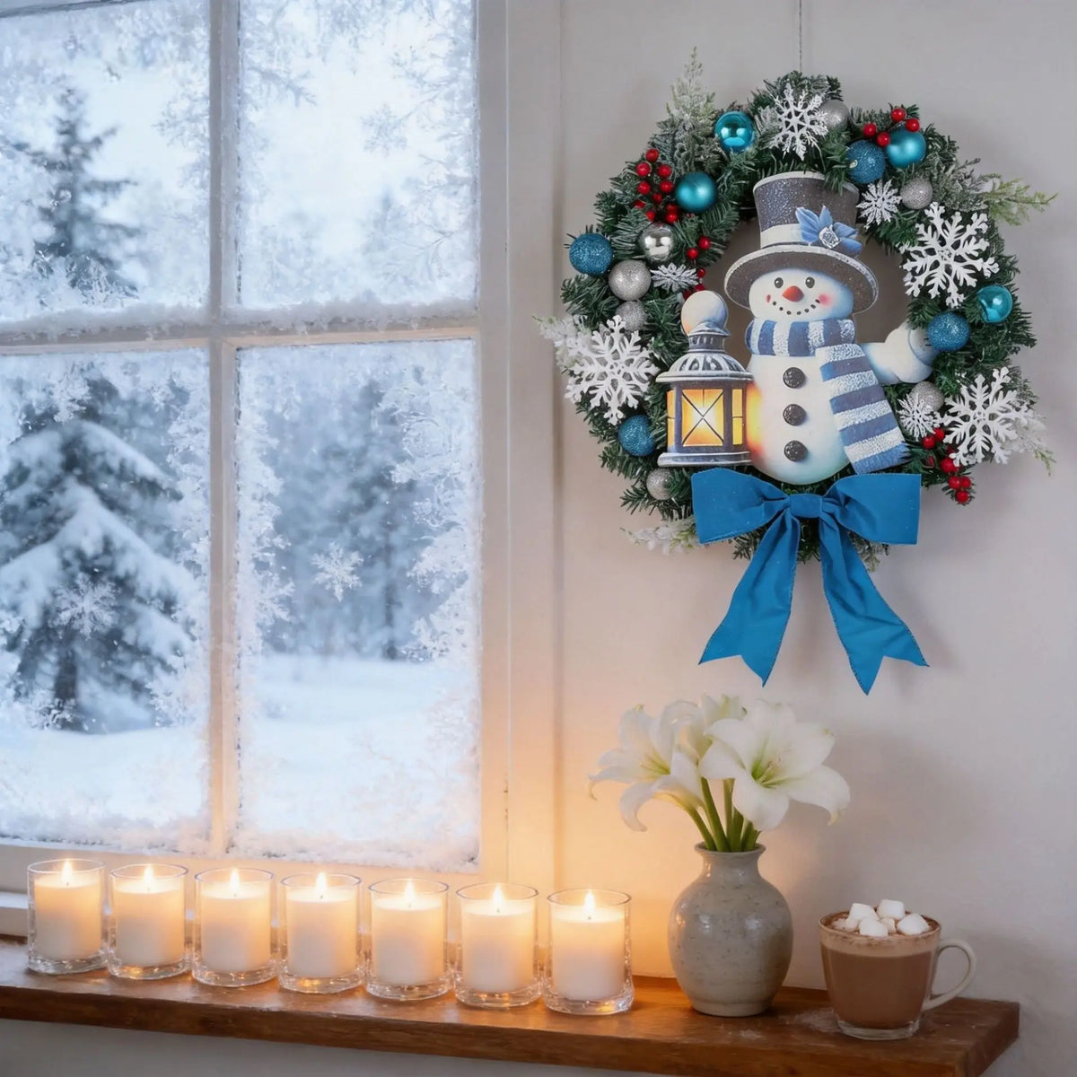 Guirlanda Azul Claro Boneco de Neve, 45cm*60cm Polegadas, Natal para Porta da Frente