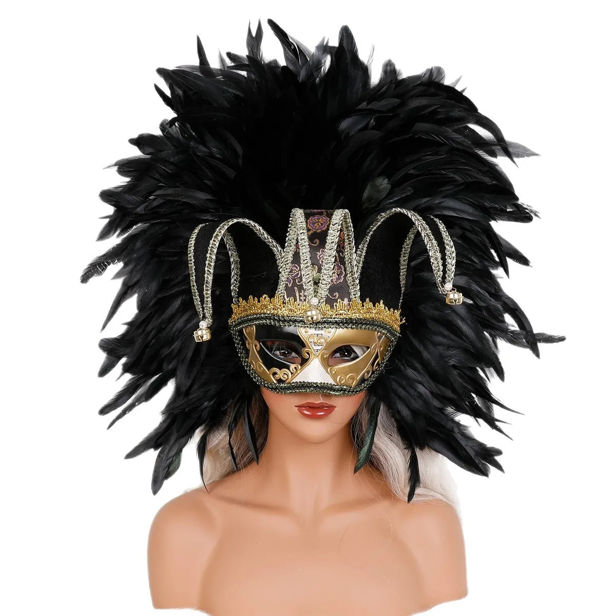 Máscara Veneziana Arlequim com Penacho de Plumas Pretas (Máscara de Bobo da Corte / Carnaval Veneziano)