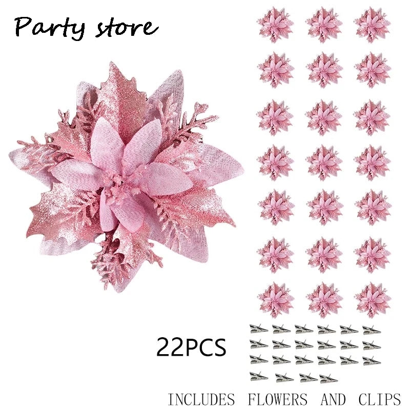 Enfeites de árvore de Natal glitter rosa e hastes de frutas vermelhas, flores artificiais