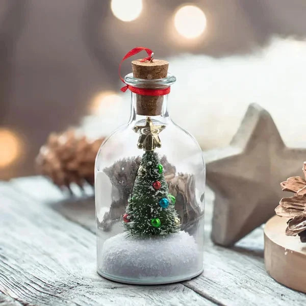 Enfeites de Natal Luminosos em Formato de Garrafa de Vidro com Miniaturas de Árvore de Natal e Papai Noel