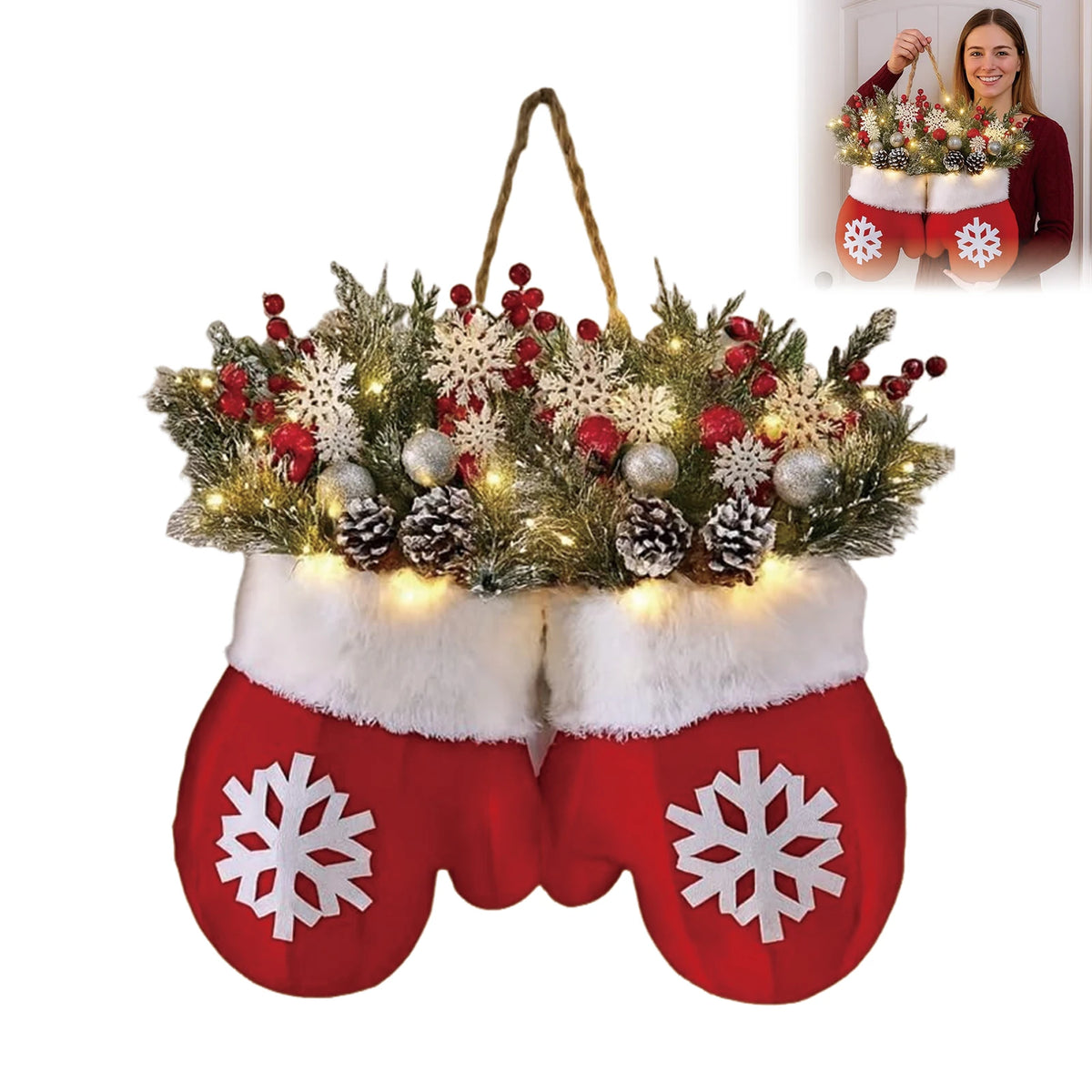 Guirlanda de porta de Natal, guirlanda artificial para porta frontal com luzes de LED