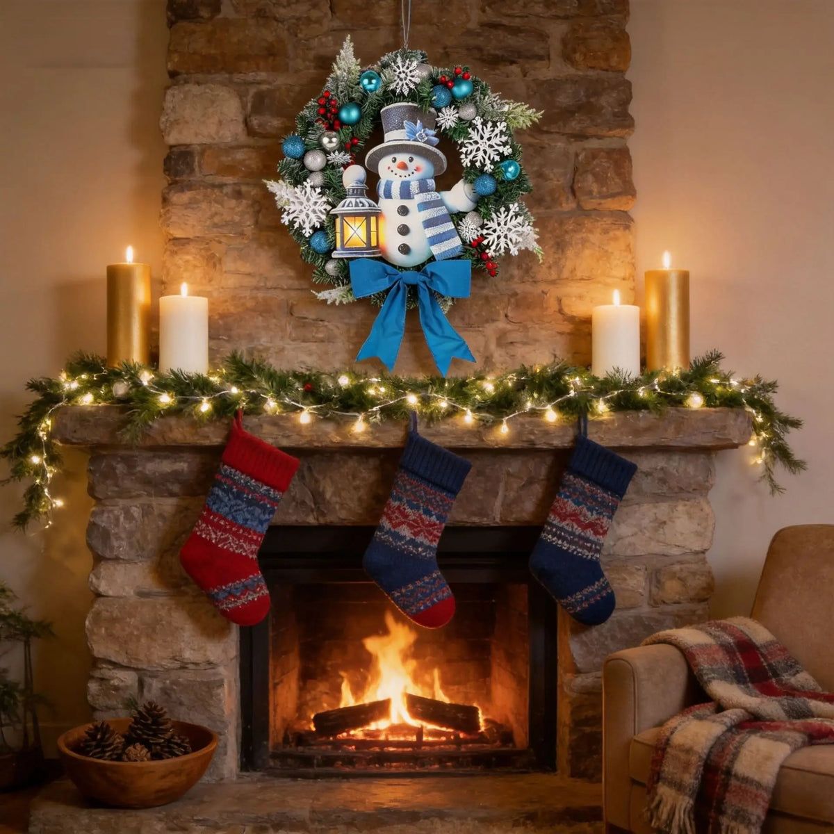 Guirlanda Azul Claro Boneco de Neve, 45cm*60cm Polegadas, Natal para Porta da Frente