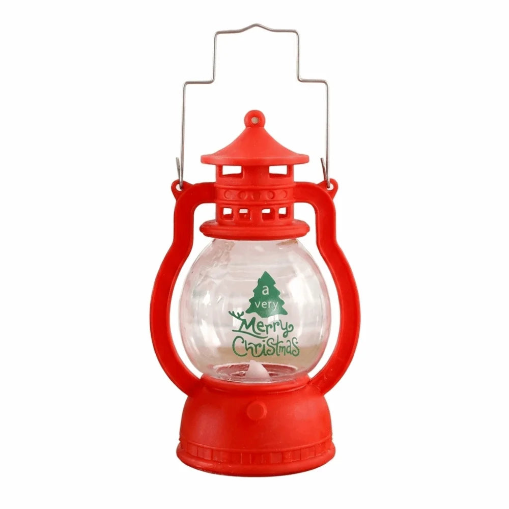 Lanterna Decorativa de Natal Vermelha Estilo Lamparina, com a Figura do Papai Noel no Interior e Iluminação LED