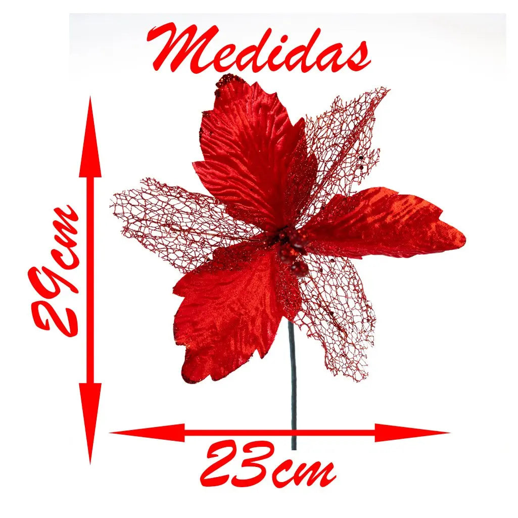Kit 2 Flor Vermelha Decoração Natal Artificial Glitter 29cm Flor Vermelha Árvore Natal