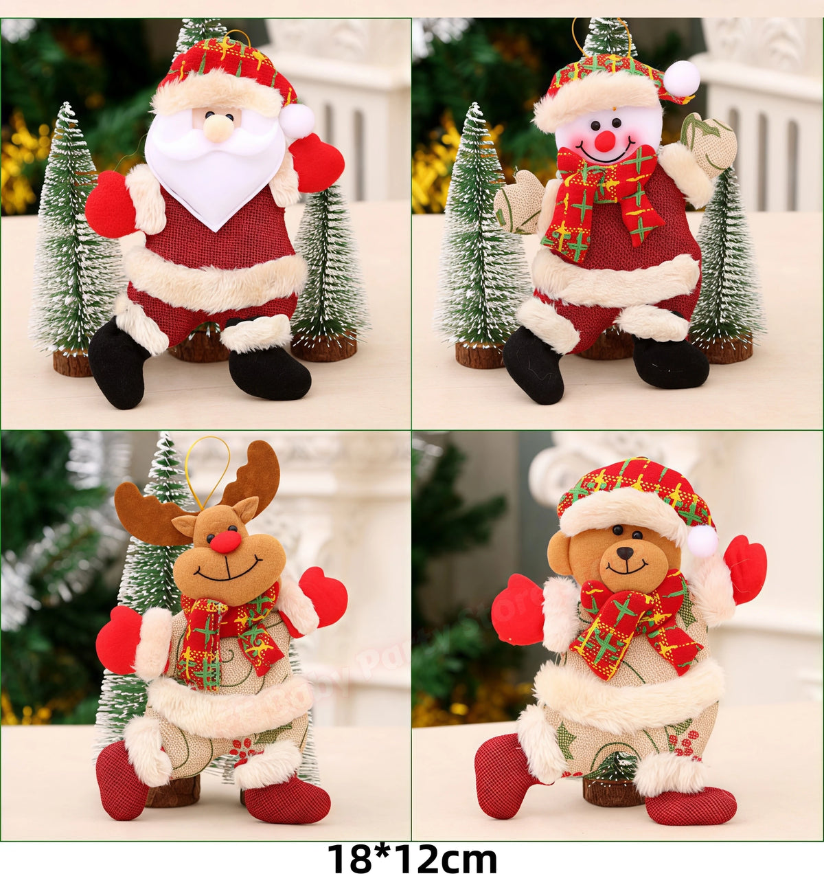 Kits Enfeites Natal Pelúcia Papai Noel e Neve Rena e Urso com Roupinha Verde e Vermelho