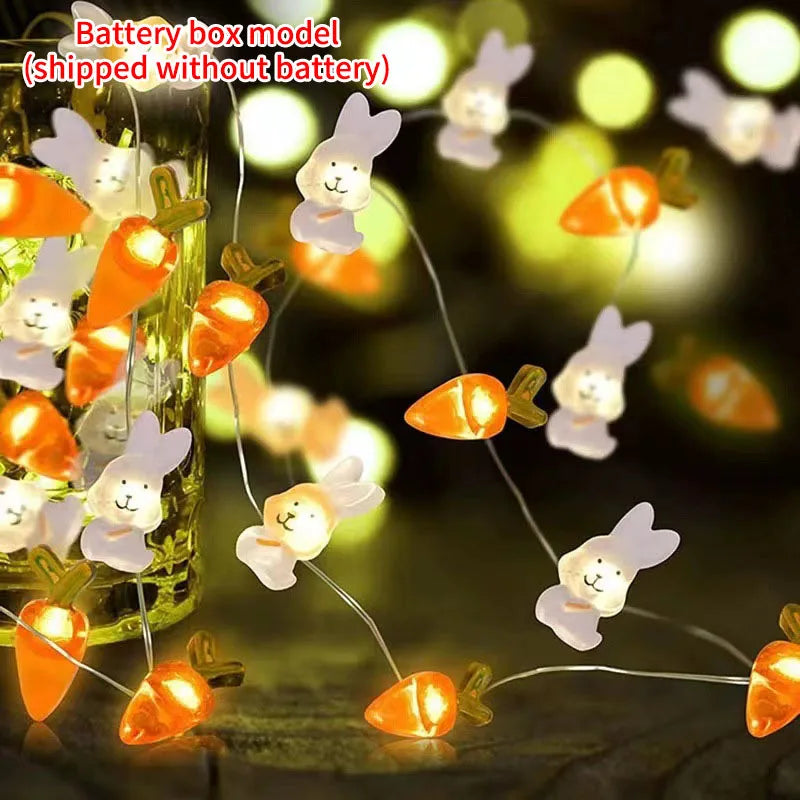 Cordão de Coelho LED Luzes de Páscoa, decorações de primavera de ovo coelho e cenoura
