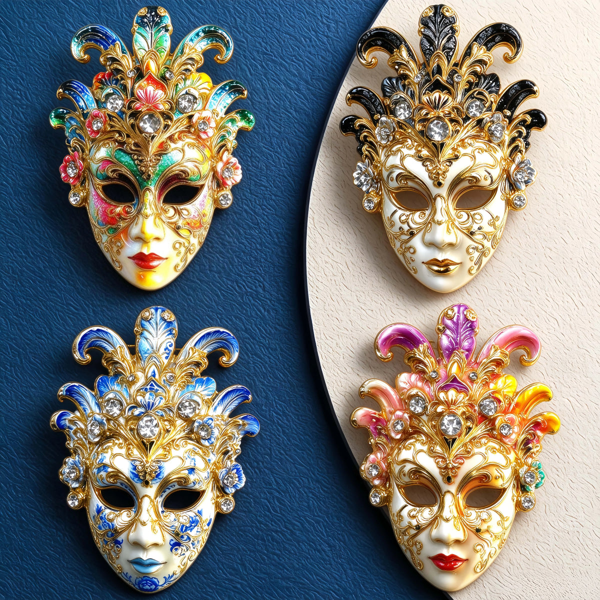 Máscara Veneziana Decorativa (ou Máscara de Carnaval/Ópera) em Tons de Branco, Azul e Dourado, Adornada