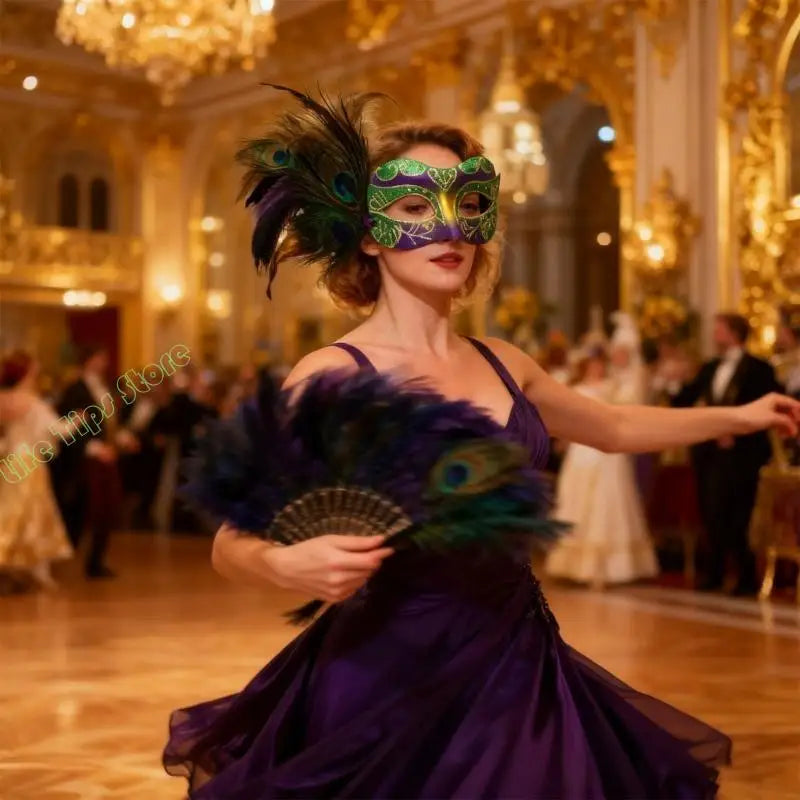 Máscara de Baile de Carnaval Estilo Veneziano Carnaval Enfeitada com Glitter nas Cores Verde, Dourado e Roxo