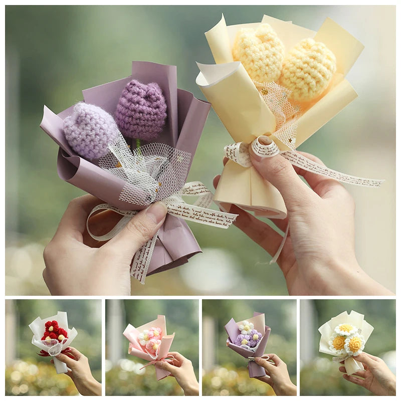 Flores buquê de flores de crochê, buquê de crochê feito à mão com margaridas e girassol