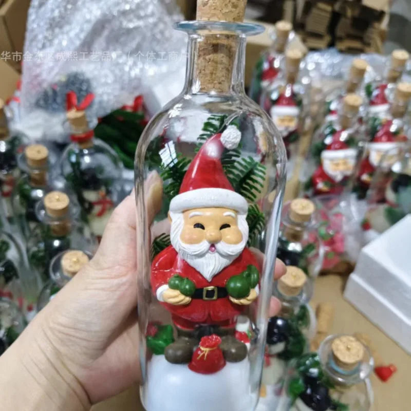 Enfeites de Natal Luminosos em Formato de Garrafa de Vidro com Miniaturas de Árvore de Natal e Papai Noel