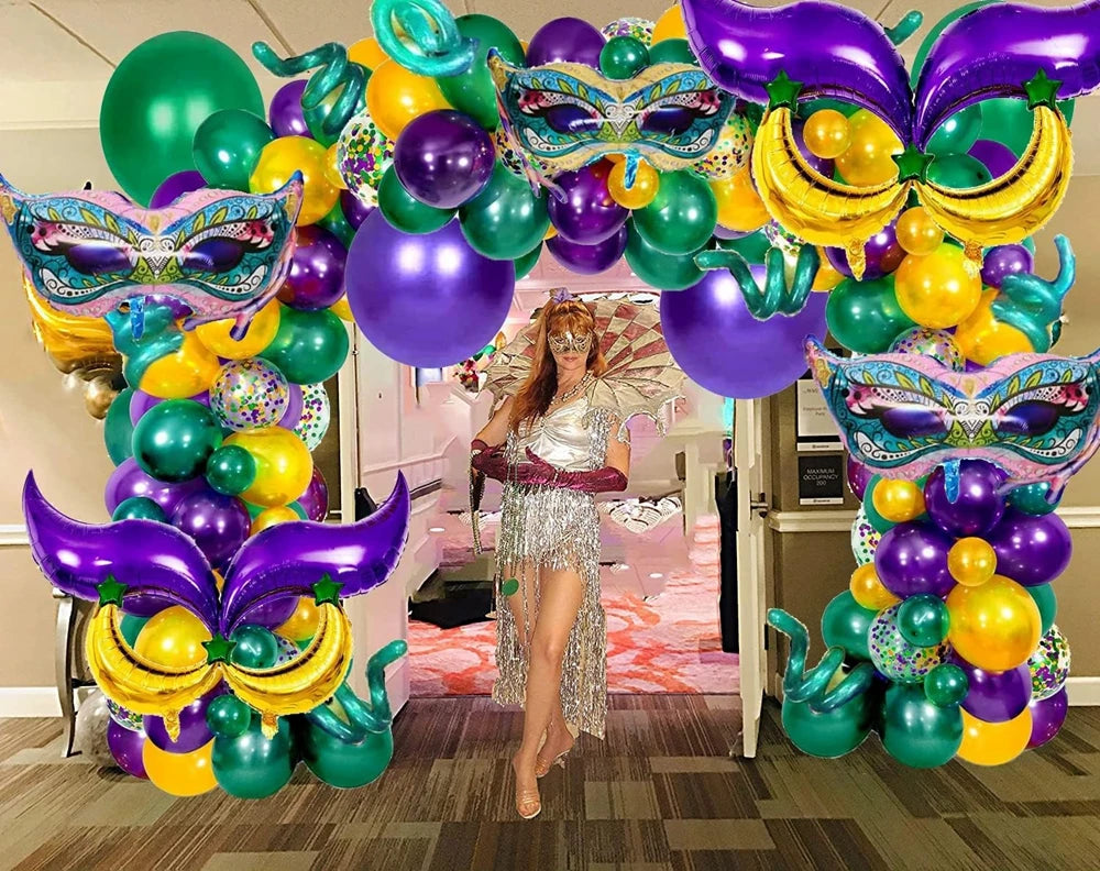 Kit de arco de guirlanda de balões de carnaval, 114 peças, ouro verde roxo balões