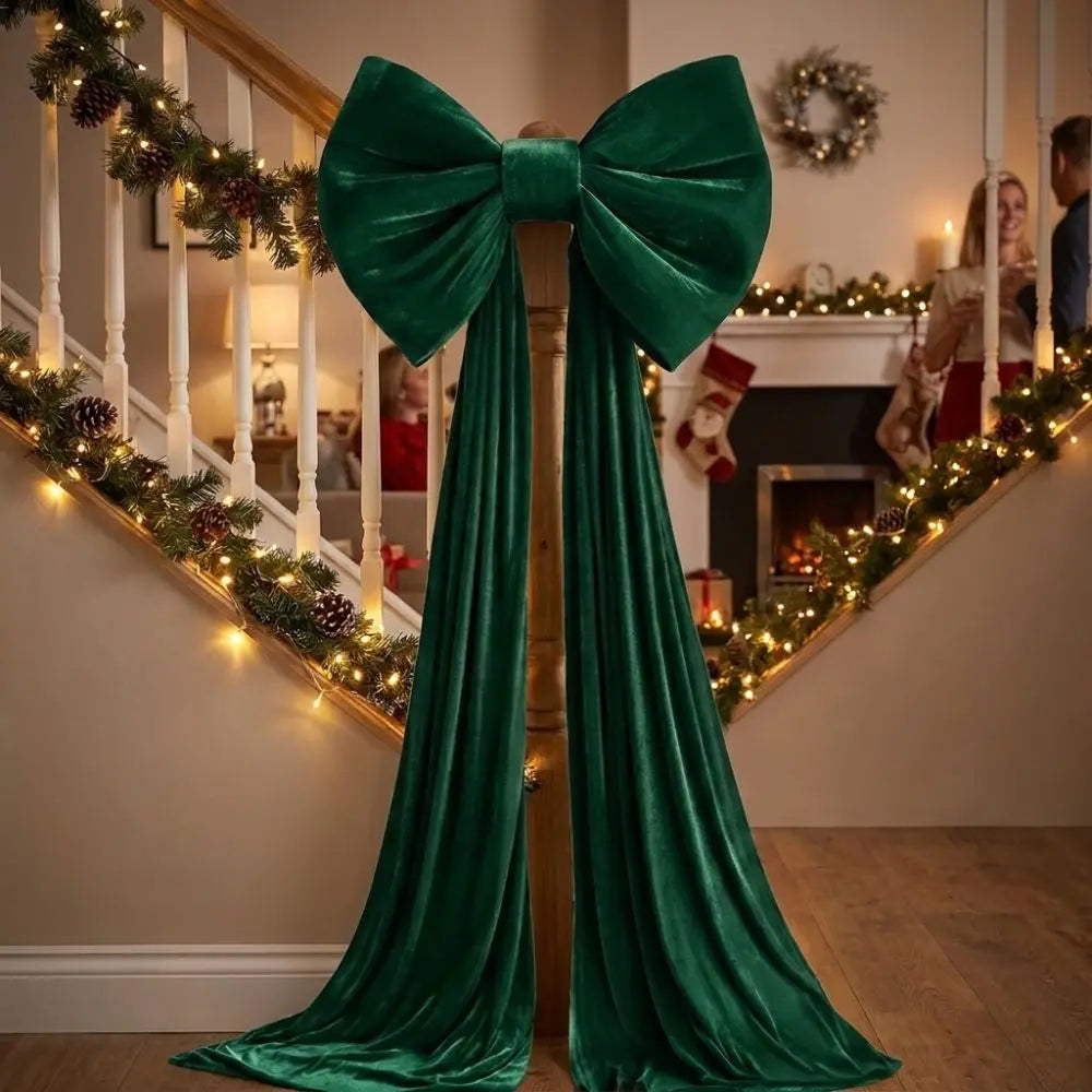 Laço de Natal Gigante em Veludo Cor-de-Rosa com Serpentinas Longas e Shopping Laço Decorativo