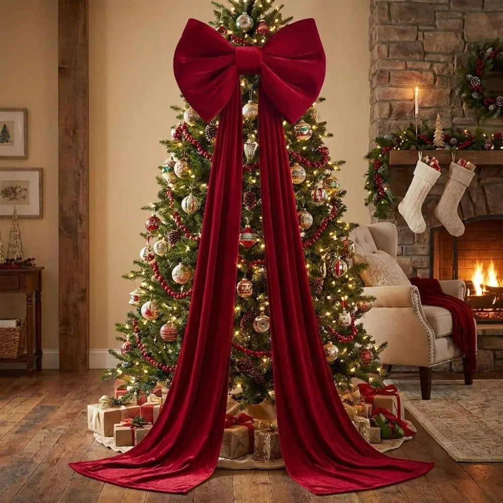 Laço de Natal Gigante em Veludo Cor-de-Rosa com Serpentinas Longas e Shopping Laço Decorativo