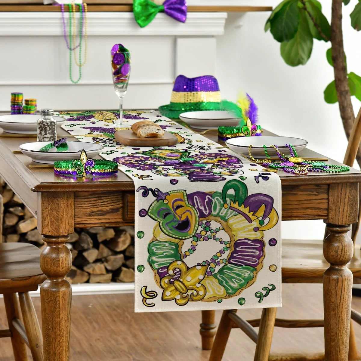 Toalha de Mesa Caminho de Mesa (Caminho de Mesa) com Estampa Temática de Carnaval / Cores Roxo, Verde