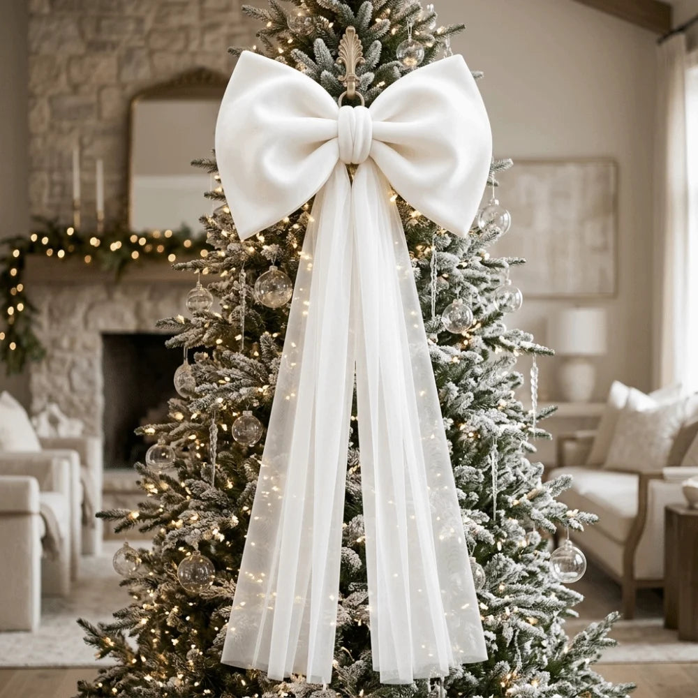 Laço de Veludo com Cauda Longa em Tule/Organza, Ornamento para Árvore de Natal e Shopping