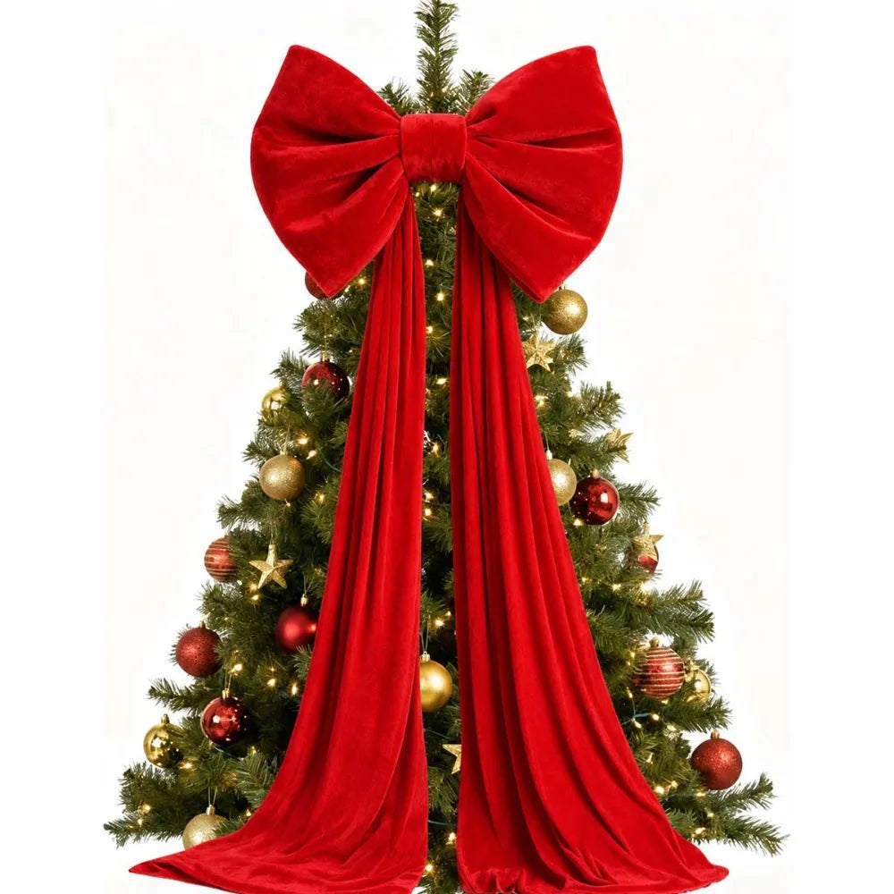 Laço de Natal Gigante em Veludo Cor-de-Rosa com Serpentinas Longas e Shopping Laço Decorativo