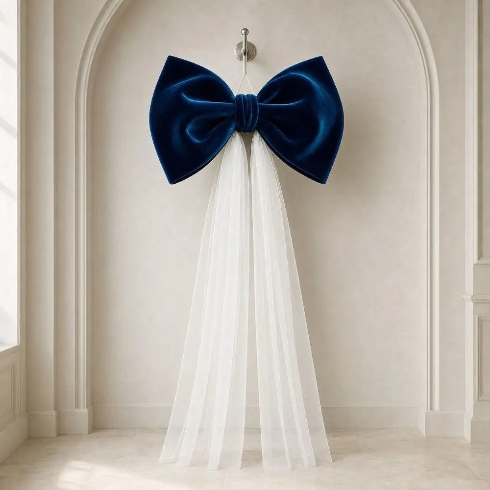 Laço de Veludo com Cauda Longa em Tule/Organza, Ornamento para Árvore de Natal e Shopping