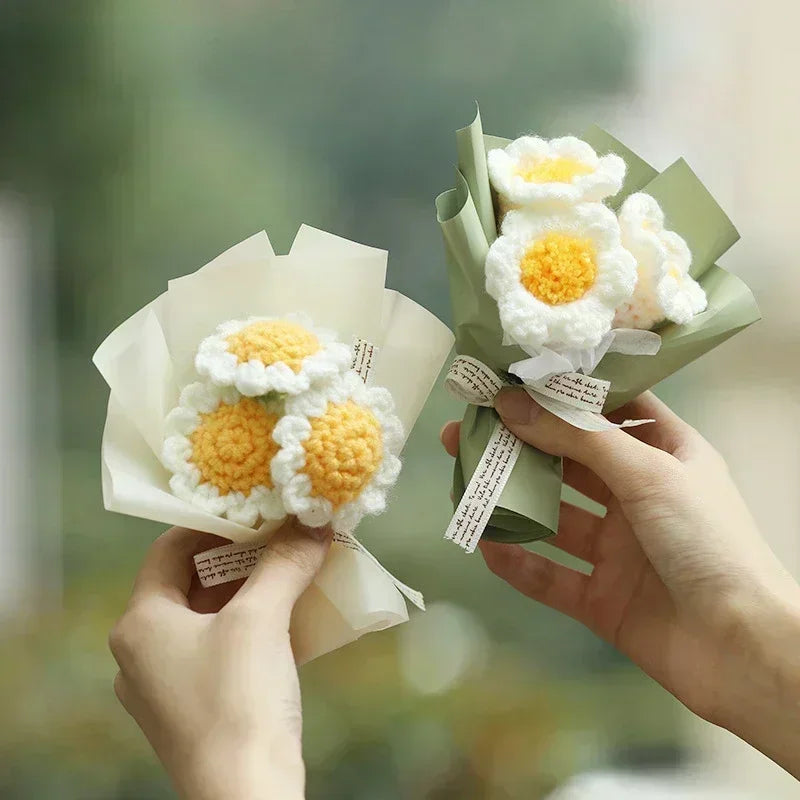 Flores buquê de flores de crochê, buquê de crochê feito à mão com margaridas e girassol