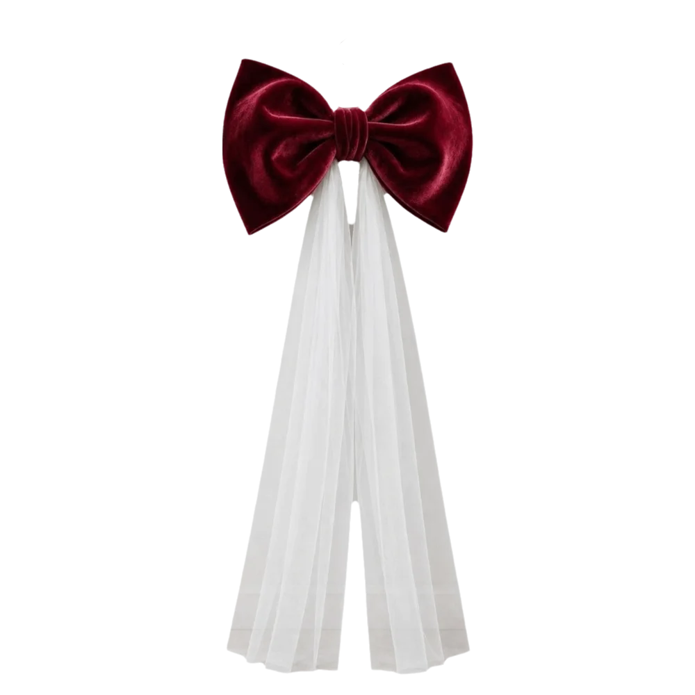 Laço de Veludo com Cauda Longa em Tule/Organza, Ornamento para Árvore de Natal e Shopping