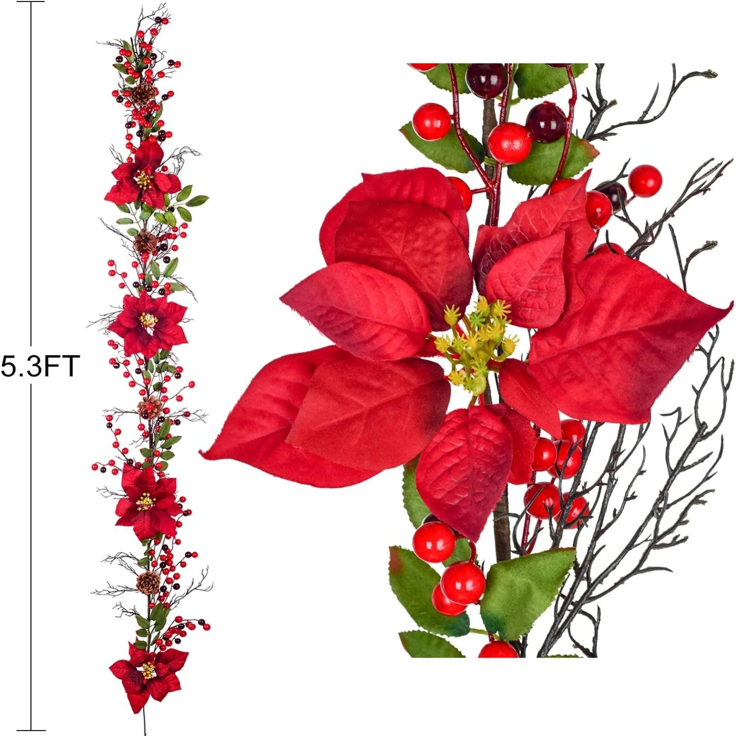 Guirlanda de poinsétia de Natal, guirlanda de poinsettia artificial de 5,74 pés