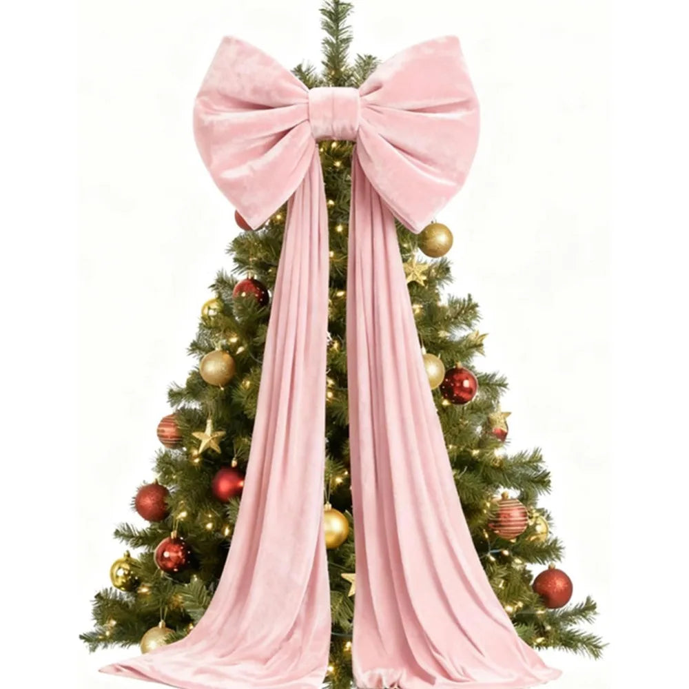 Laço de Natal Gigante em Veludo Cor-de-Rosa com Serpentinas Longas e Shopping Laço Decorativo