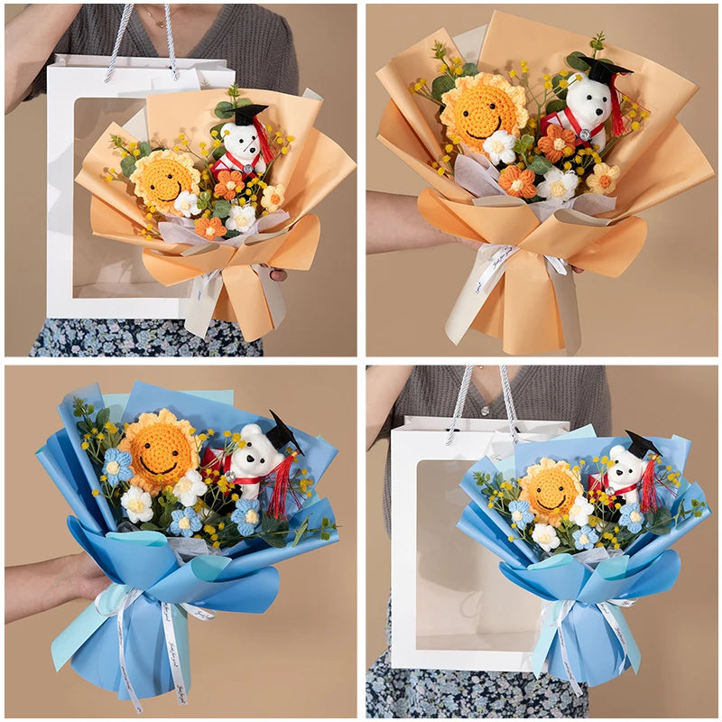 Buquê de flores de crochê, 9 peças de flores artificiais, novo buquê de flores feitas à mão