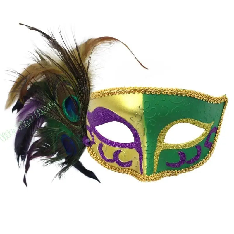 Máscara de Baile de Carnaval Estilo Veneziano Carnaval Enfeitada com Glitter nas Cores Verde, Dourado e Roxo