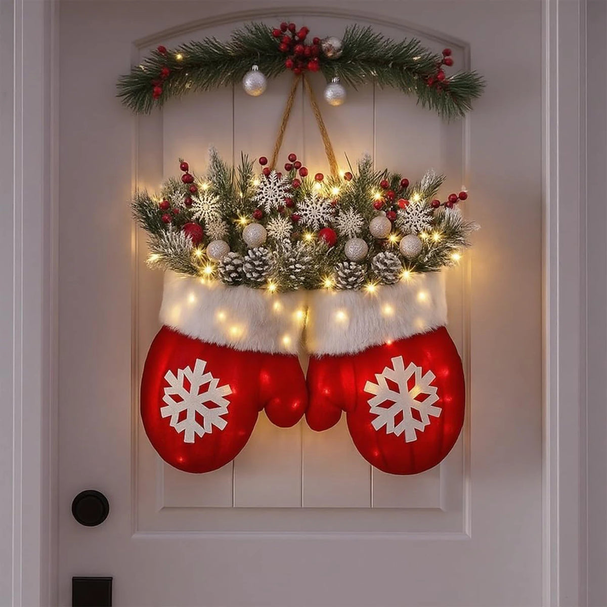 Guirlanda de porta de Natal, guirlanda artificial para porta frontal com luzes de LED