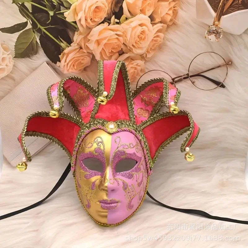 Máscara Veneziana de Bobo da Corte (Piada Divertida / Bobo da Corte) em Vermelho e Dourado