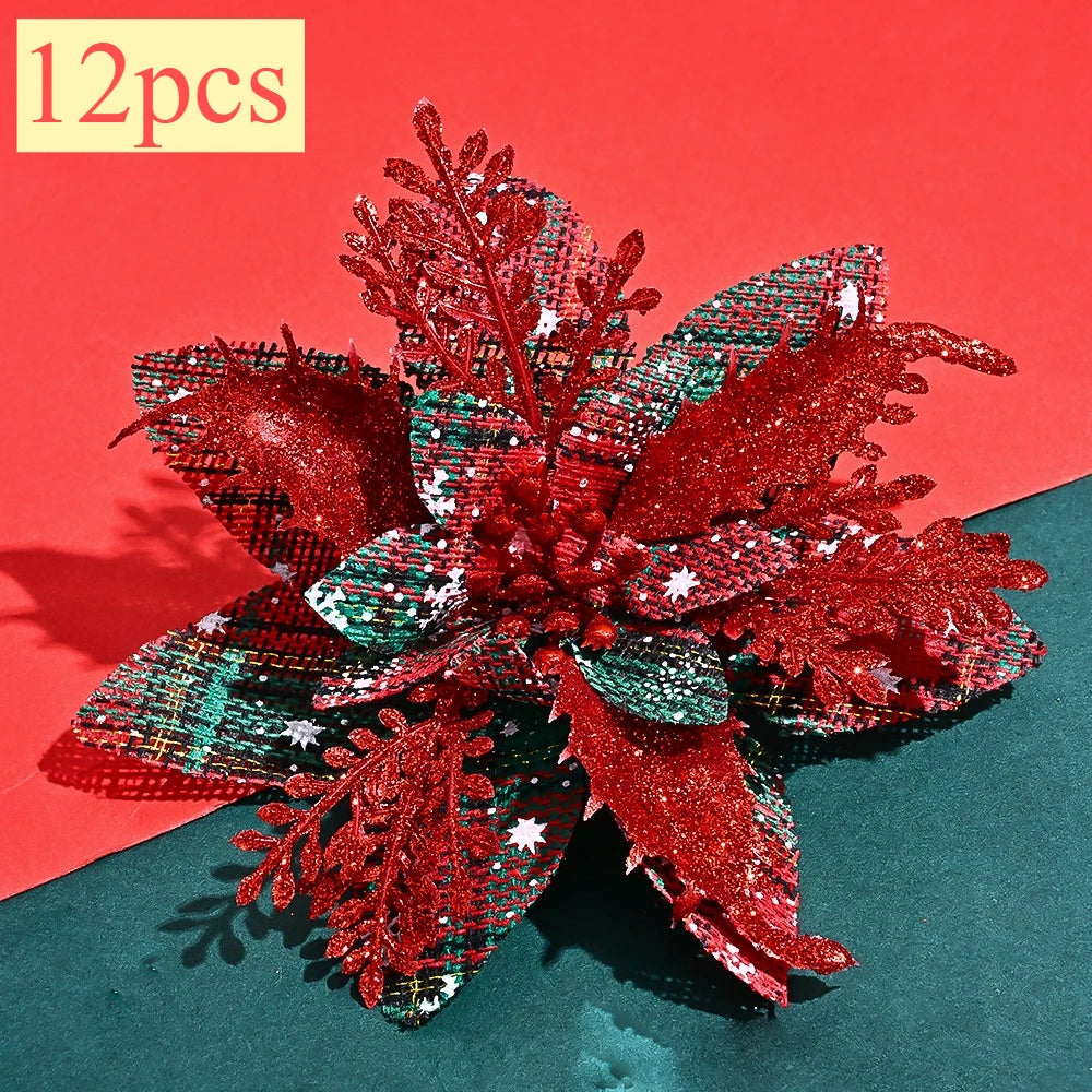 Flor de Poinsétia Artificial Xadrez para decoração de Natal, Tamanho: Cerca de 14 cm a 14,5 cm de largura.