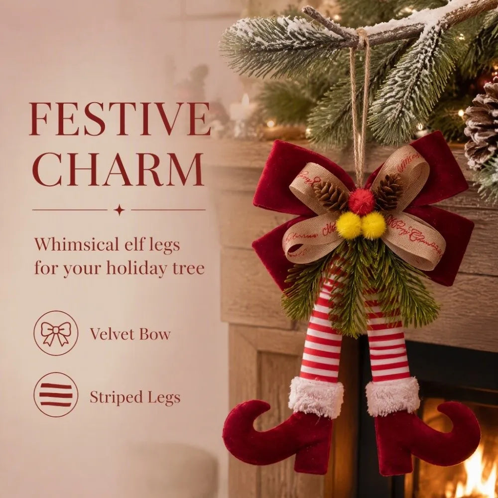 Enfeite Natalino de Pernas de Elfo com Laço e Pinha, Ideal para Pendurar em Árvores de Natal, Portas, Janelas